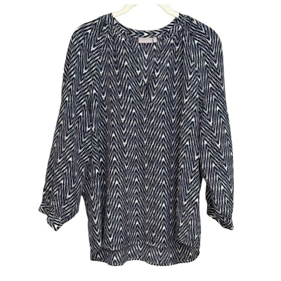 Ellie Kai Blue White Pattern Silk Long Sleeve Blouse Size 10 - Picture 1 of 7